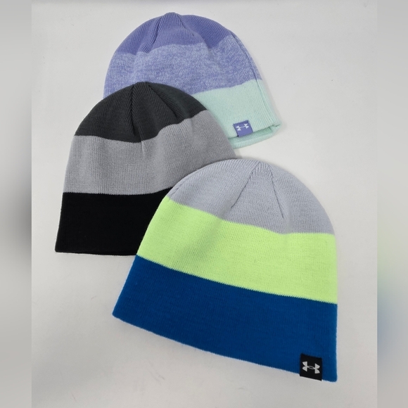 UNDER ARMOUR BEANIE LOT OF 3 HATS CAPS YOUTH KIDS OS GREY & BLACK BLUE & GREEN - Picture 1 of 13